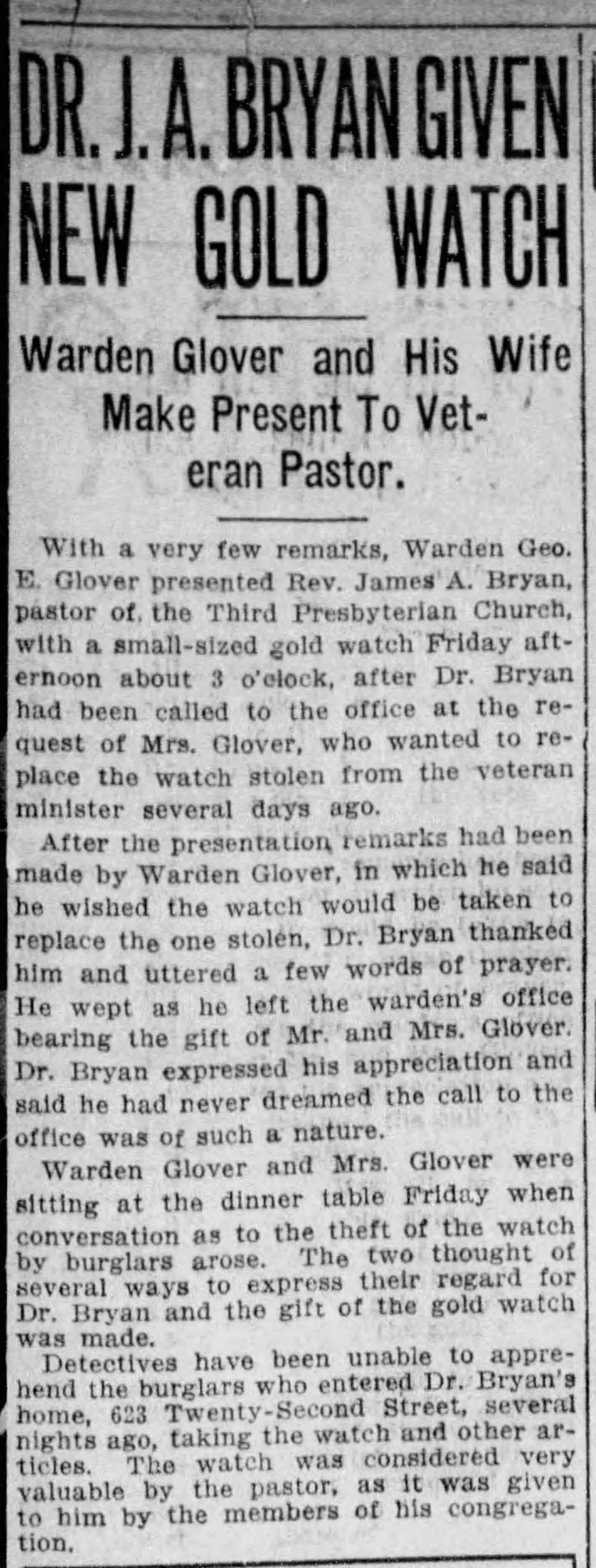 Dr. J.A. Bryan Given New Gold Watch